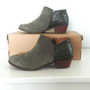 Vionic Olive Green Suede & Croc-Embossed Ankle Booties